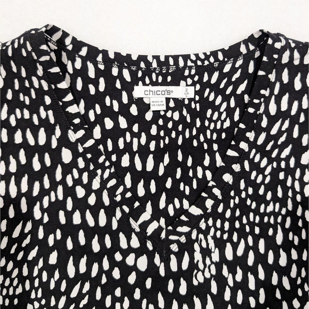 Chicos Cotton Tee Size L Black White Women Animal Print V-Neck 3/4 Sleeves - Picture 4 of 8